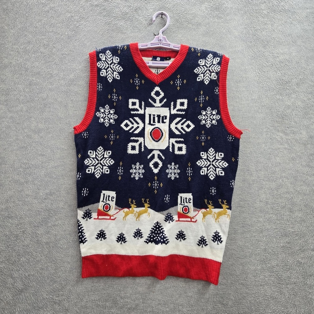 Miller Lite Men Vest M Navy Embroidered Ugly Sweater Fair Isle Beer Logo